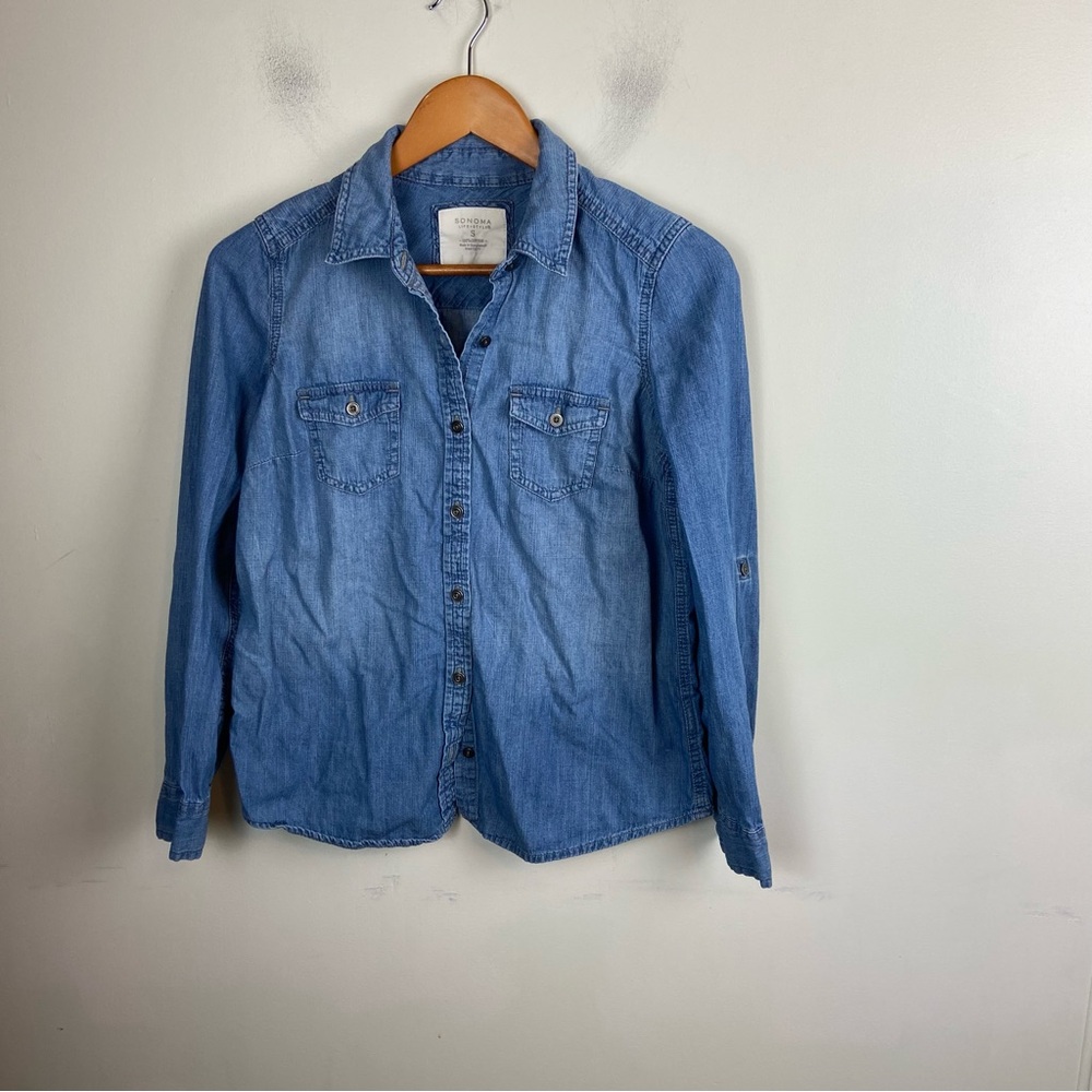 Sonoma Women’s Blue Denim Blouse Button Down‎ Longsleeve Size Small Classic